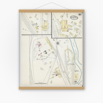 Old map wall art mockup — magnetic wood frame on white wall — Sanborn Fire Insurance Map from Bradford, McKean County, Pennsylvania (1890), Sheet #0010