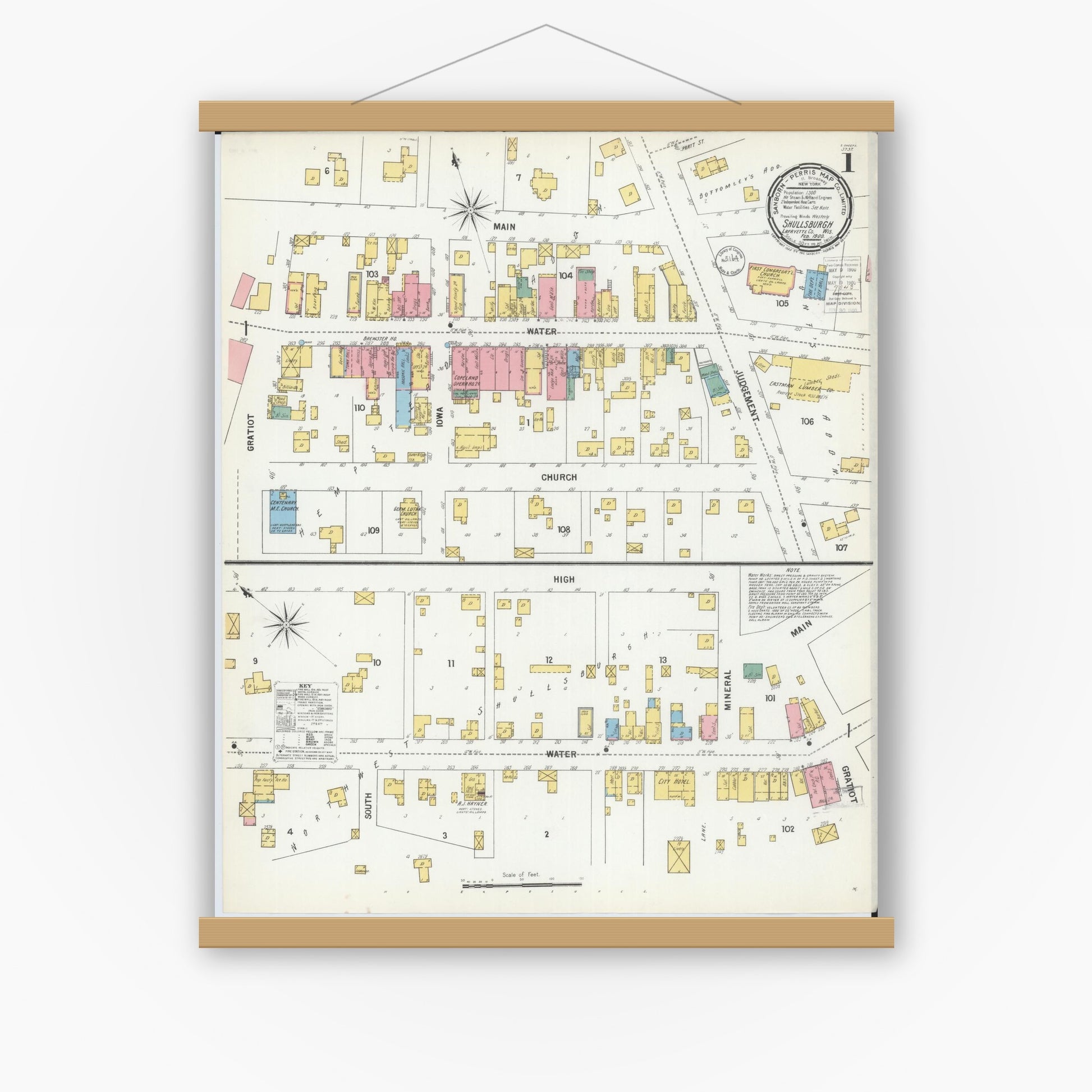 Old map wall art mockup — magnetic wood frame on white wall — Sanborn Fire Insurance Map from Shullsburg, Lafayette County, Wisconsin (1900) - Complete Map Set