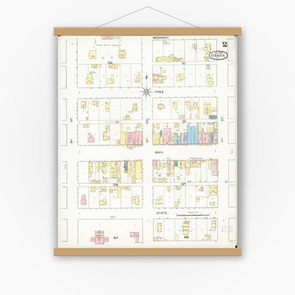 Old map wall art mockup — magnetic wood frame on white wall — Sanborn Fire Insurance Map from Osage, Mitchell County, Iowa (1892), Sheet #0002