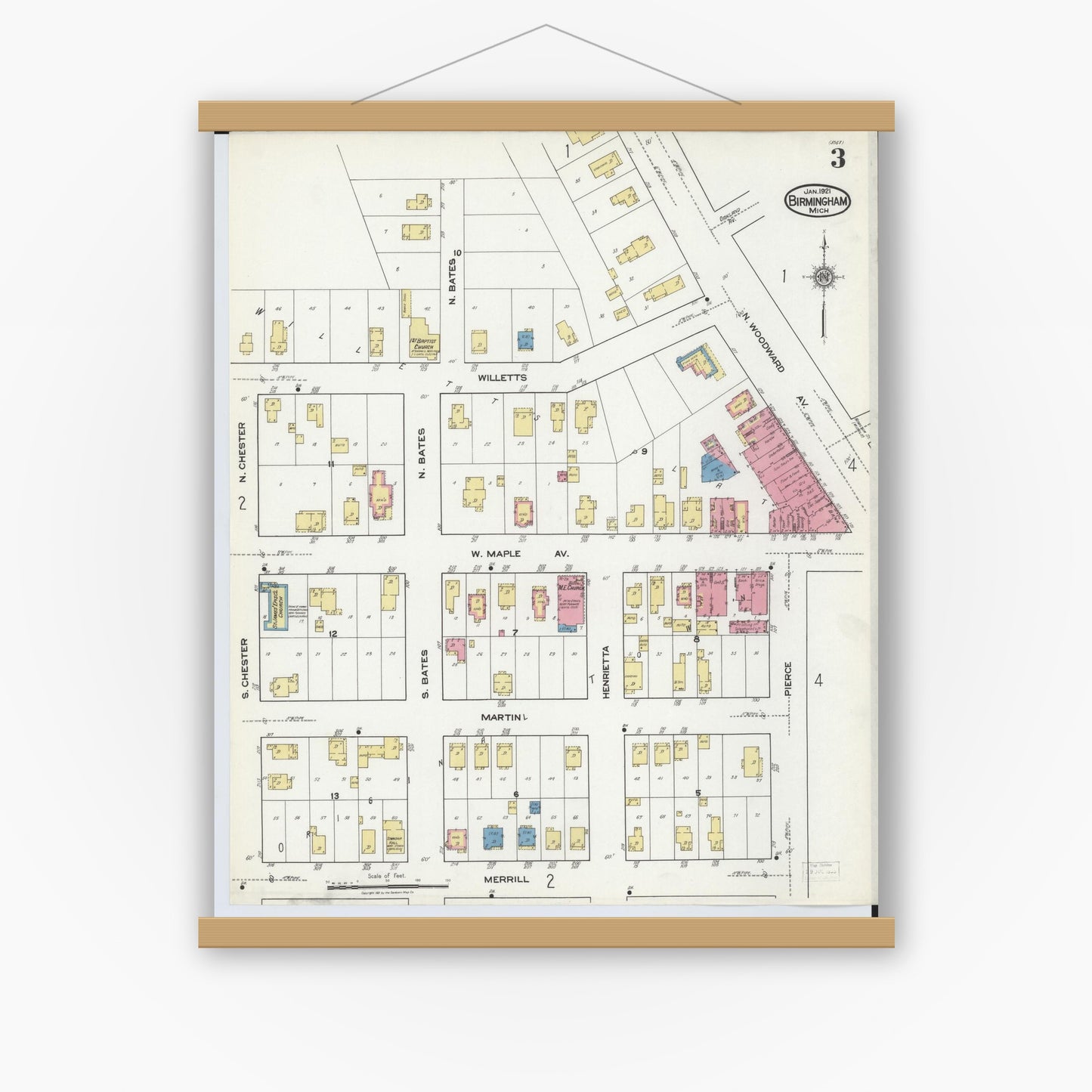 Old map wall art mockup — magnetic wood frame on white wall — Sanborn Fire Insurance Map from Birmingham, Oakland County, Michigan (1921), Sheet #0003