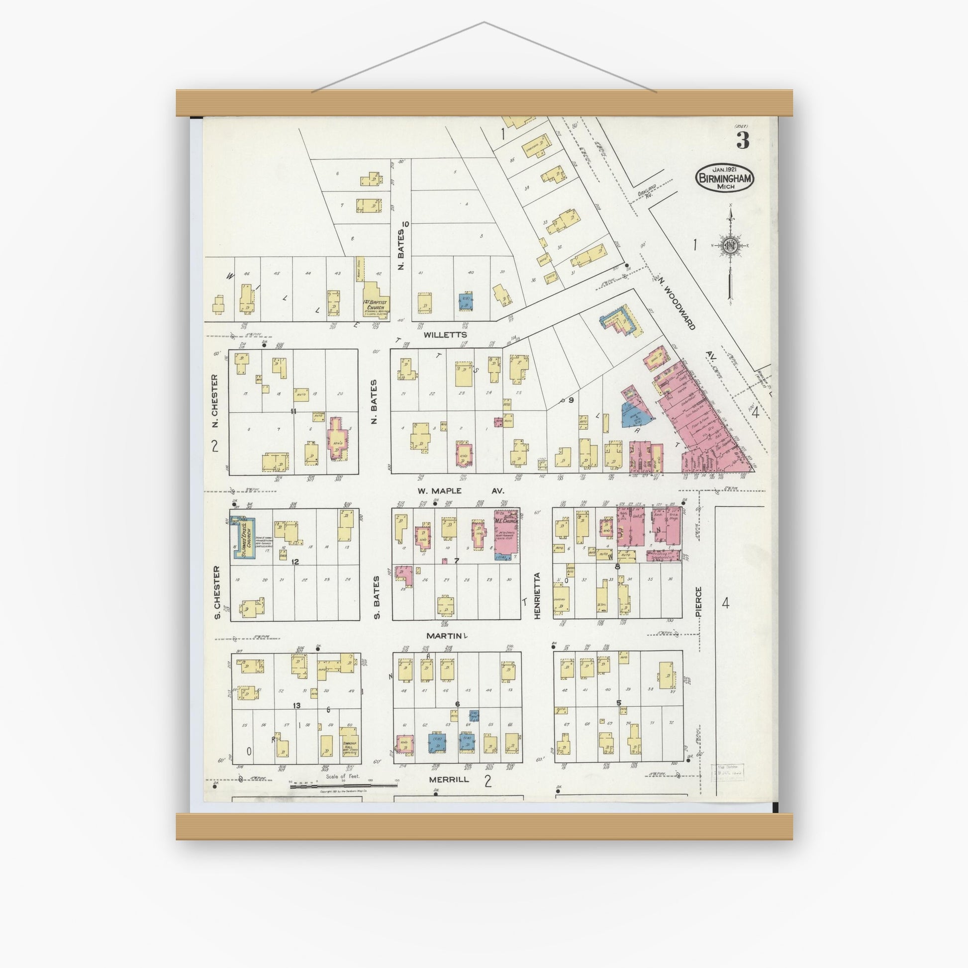 Old map wall art mockup — magnetic wood frame on white wall — Sanborn Fire Insurance Map from Birmingham, Oakland County, Michigan (1921), Sheet #0003