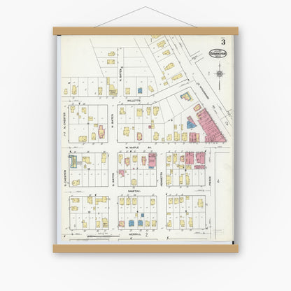 Old map wall art mockup — magnetic wood frame on white wall — Sanborn Fire Insurance Map from Birmingham, Oakland County, Michigan (1921), Sheet #0003