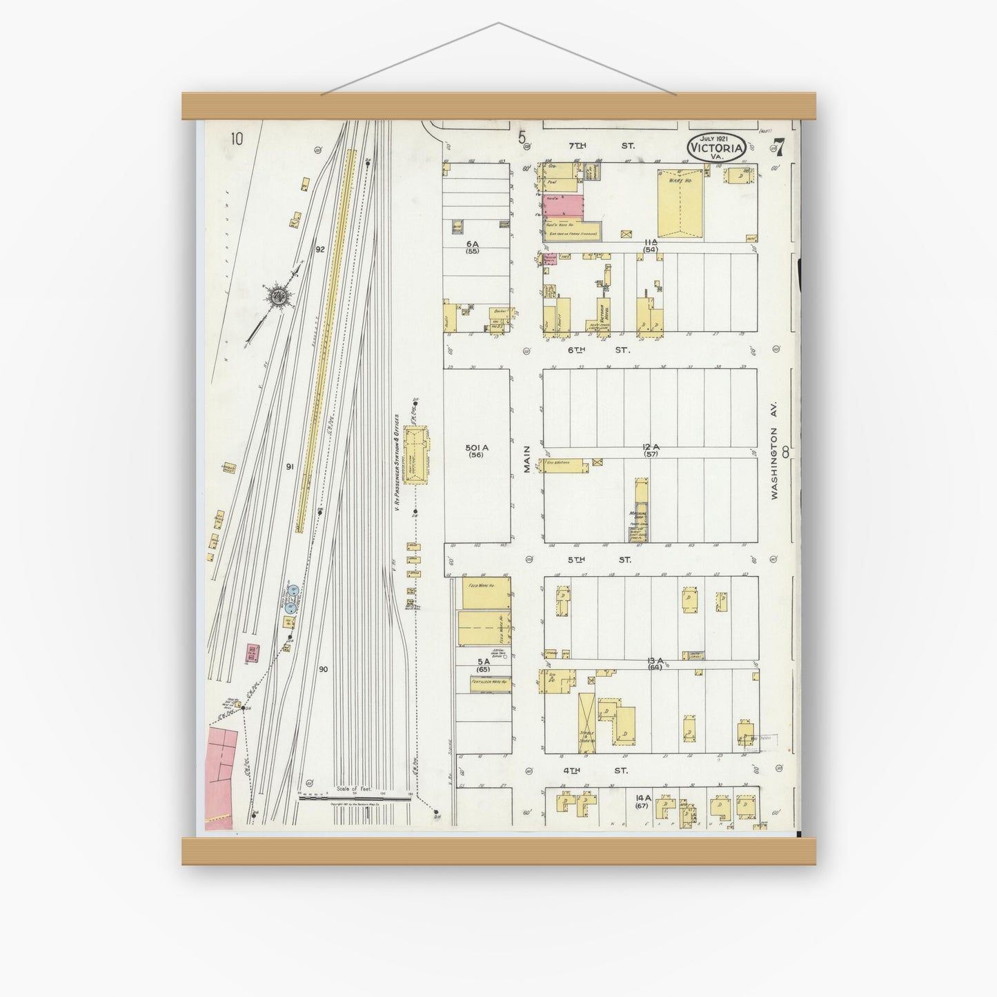 Old map wall art mockup — magnetic wood frame on white wall — Sanborn Fire Insurance Map from Victoria, Lunenburg County, Virginia (1921), Sheet #0007