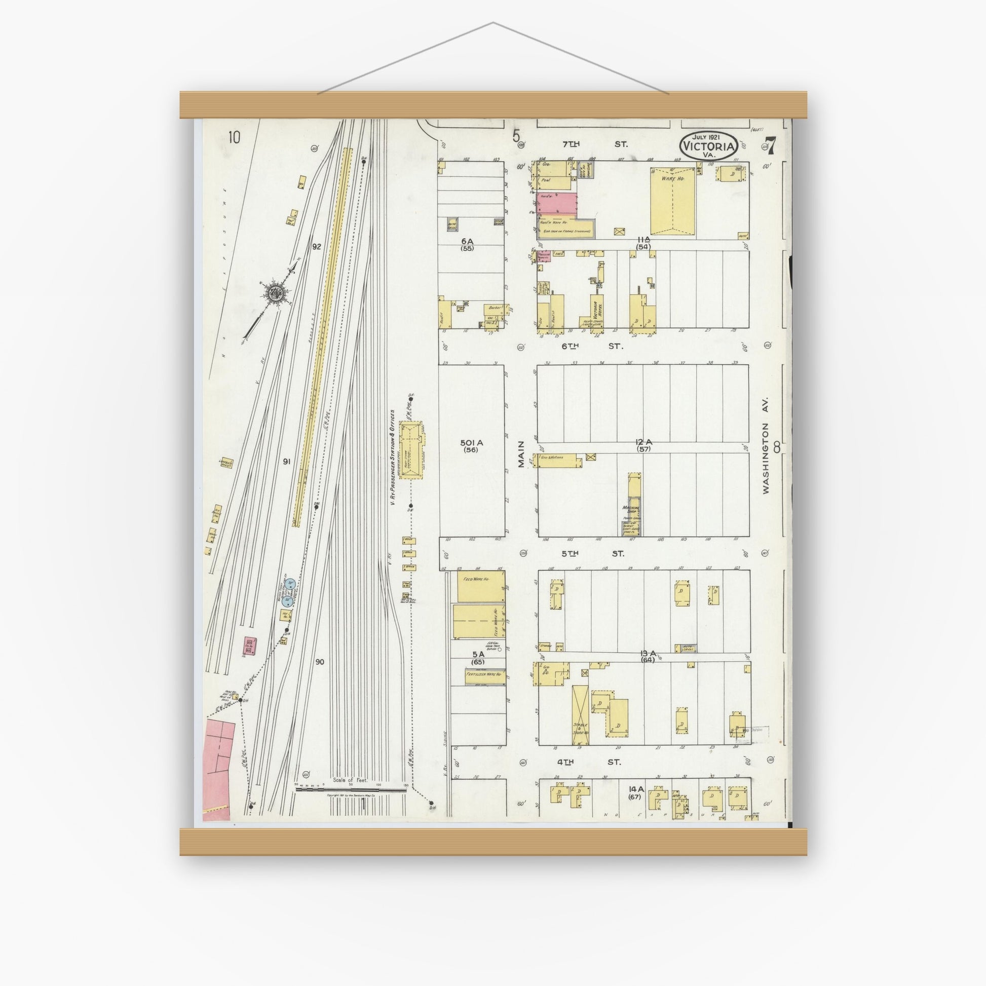 Old map wall art mockup — magnetic wood frame on white wall — Sanborn Fire Insurance Map from Victoria, Lunenburg County, Virginia (1921), Sheet #0007