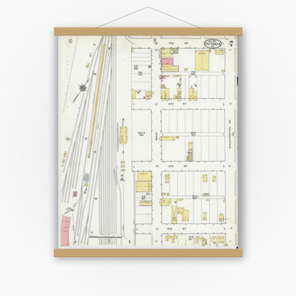 Old map wall art mockup — magnetic wood frame on white wall — Sanborn Fire Insurance Map from Victoria, Lunenburg County, Virginia (1921), Sheet #0007