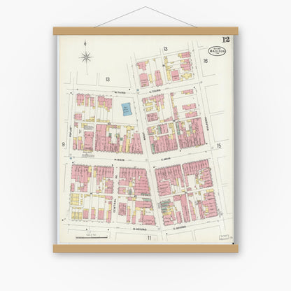 Old map wall art mockup — magnetic wood frame on white wall — Sanborn Fire Insurance Map from Madison, Jefferson County, Indiana (1897), Sheet #0012