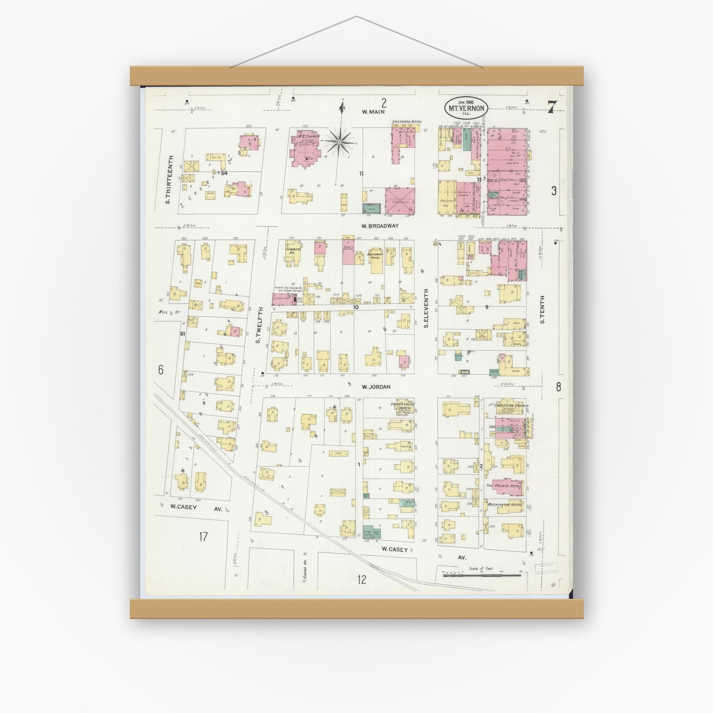 Old map wall art mockup — magnetic wood frame on white wall — Sanborn Fire Insurance Map from Mount Vernon, Jefferson County, Illinois (1908), Sheet #0007