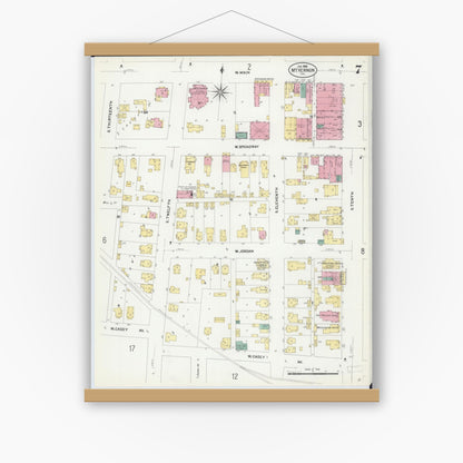 Old map wall art mockup — magnetic wood frame on white wall — Sanborn Fire Insurance Map from Mount Vernon, Jefferson County, Illinois (1908), Sheet #0007