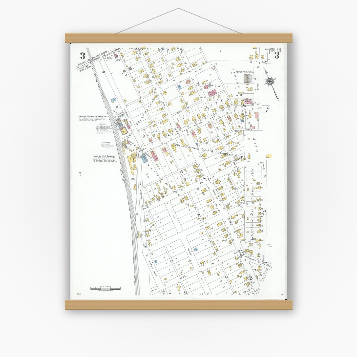 Old map wall art mockup — magnetic wood frame on white wall — Sanborn Fire Insurance Map from Kingston, Ross County, Ohio (1949), Sheet #0003