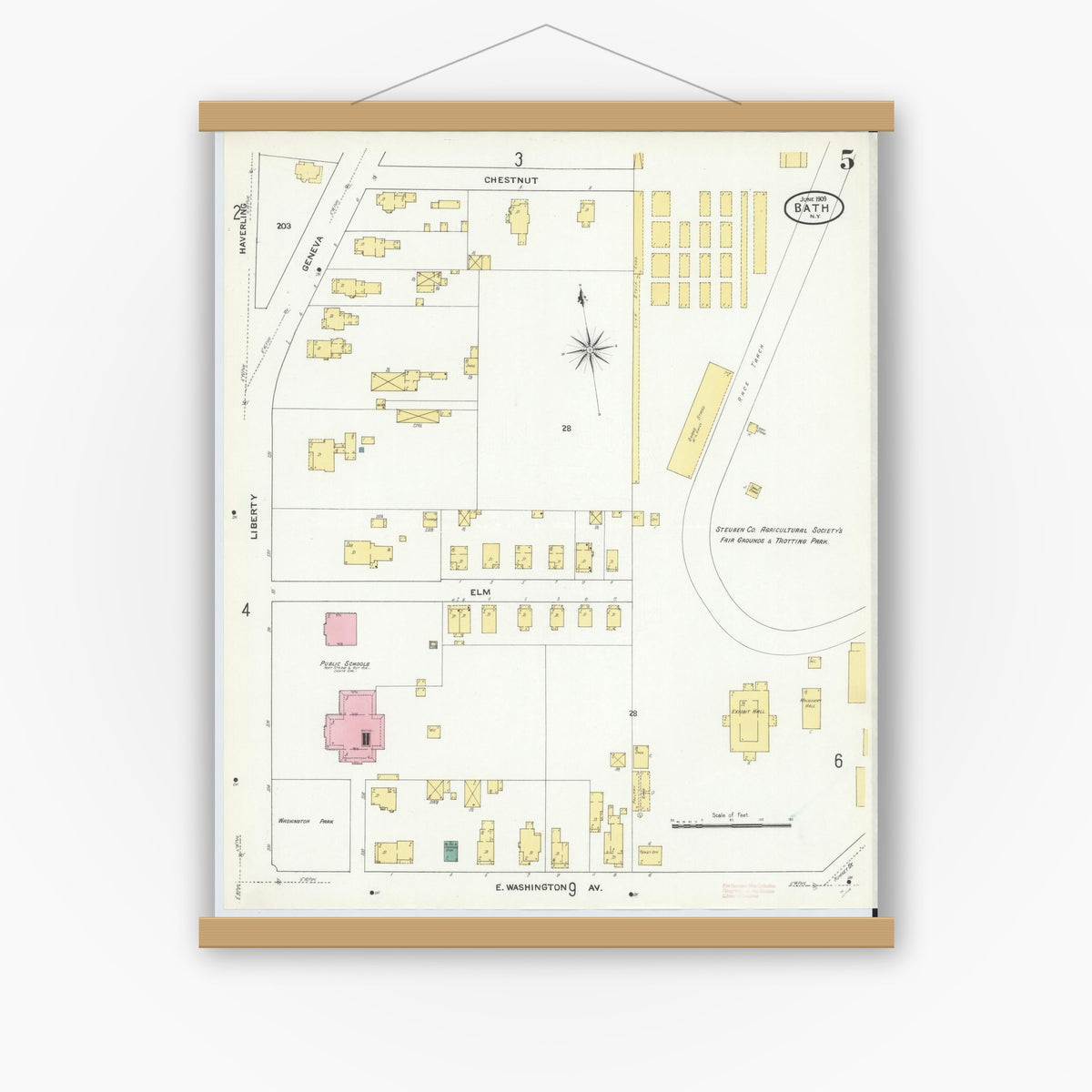 Old map wall art mockup — magnetic wood frame on white wall — Sanborn Fire Insurance Map from Bath, Steuben County, New York (1909), Sheet #0005
