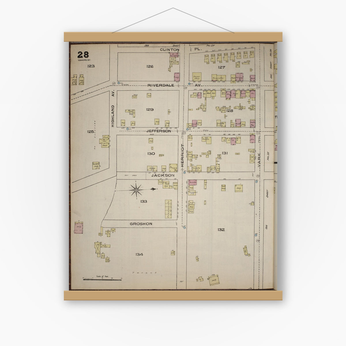 Old map wall art mockup — magnetic wood frame on white wall — Sanborn Fire Insurance Map from Yonkers, Westchester County, New York (1886), Sheet #0028