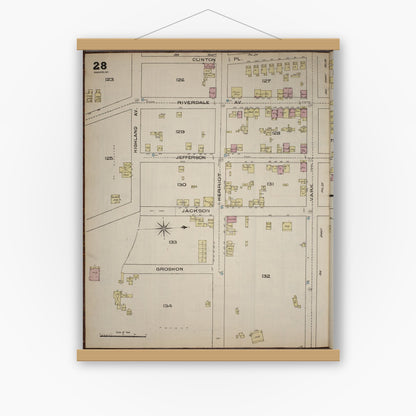 Old map wall art mockup — magnetic wood frame on white wall — Sanborn Fire Insurance Map from Yonkers, Westchester County, New York (1886), Sheet #0028