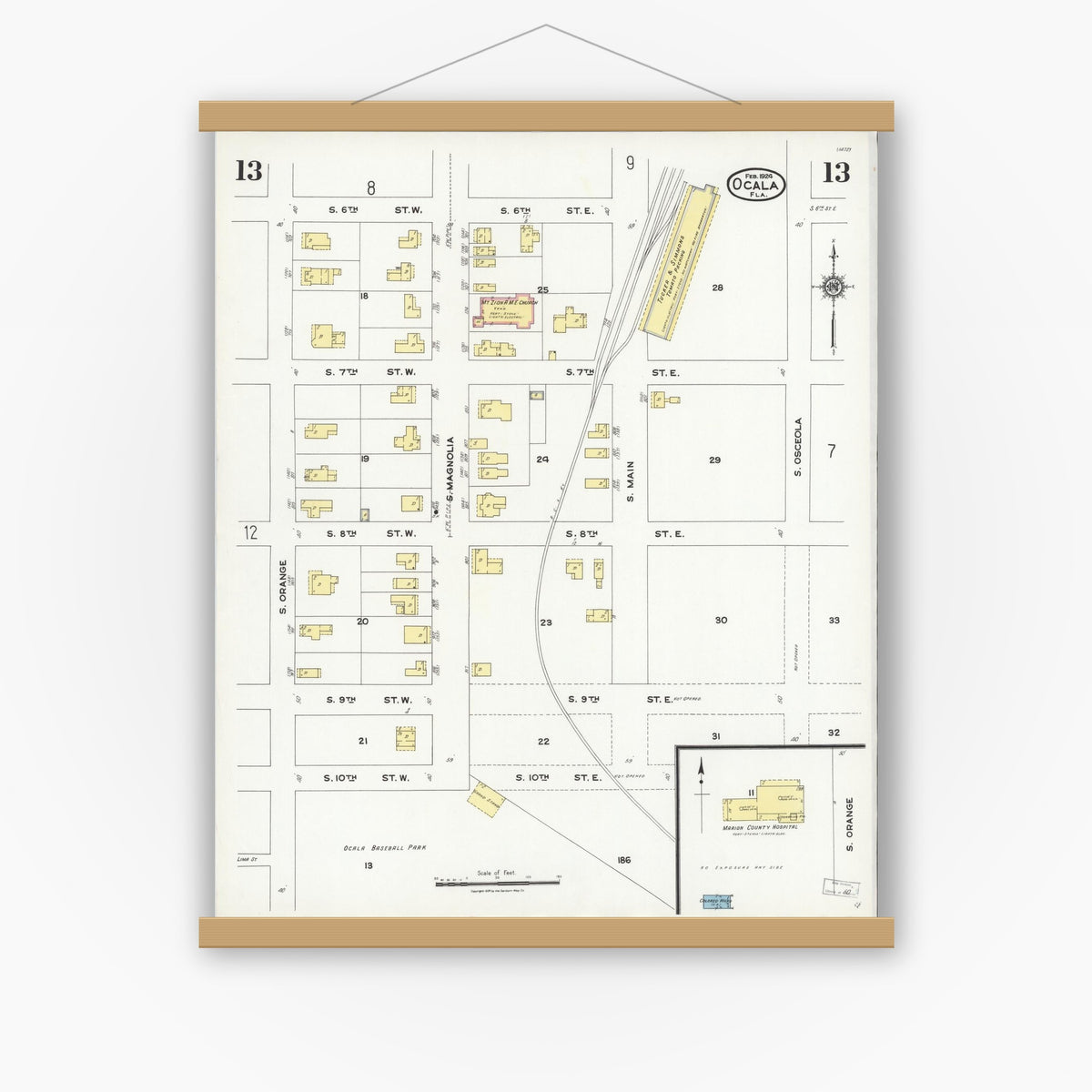 Old map wall art mockup — magnetic wood frame on white wall — Sanborn Fire Insurance Map from Ocala, Marion County, Florida (1924), Sheet #0013