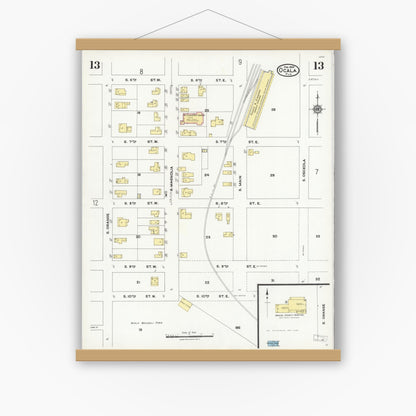 Old map wall art mockup — magnetic wood frame on white wall — Sanborn Fire Insurance Map from Ocala, Marion County, Florida (1924), Sheet #0013