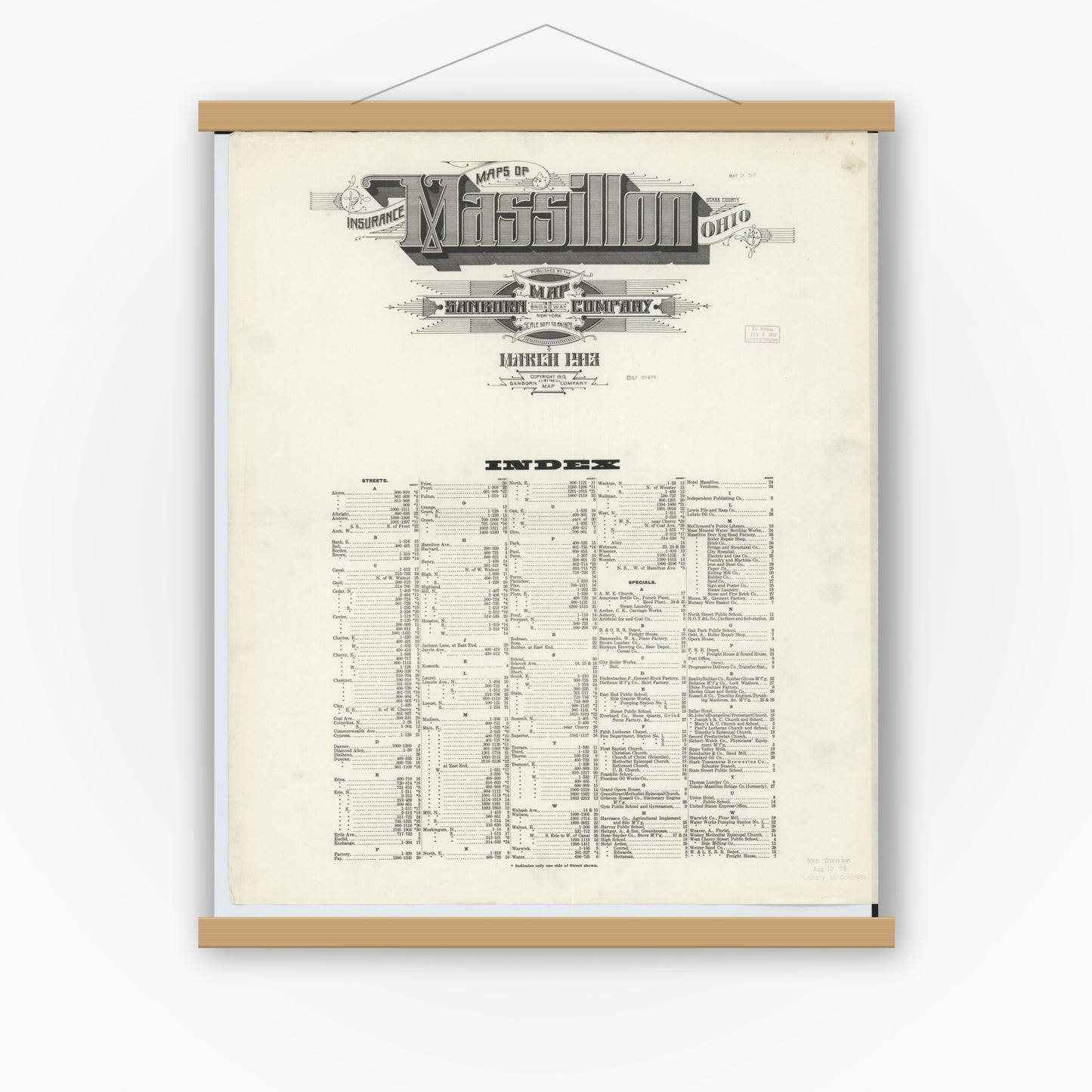 Old map wall art mockup — magnetic wood frame on white wall — Sanborn Fire Insurance Map from Massillon, Stark County, Ohio (1913), Sheet #0001