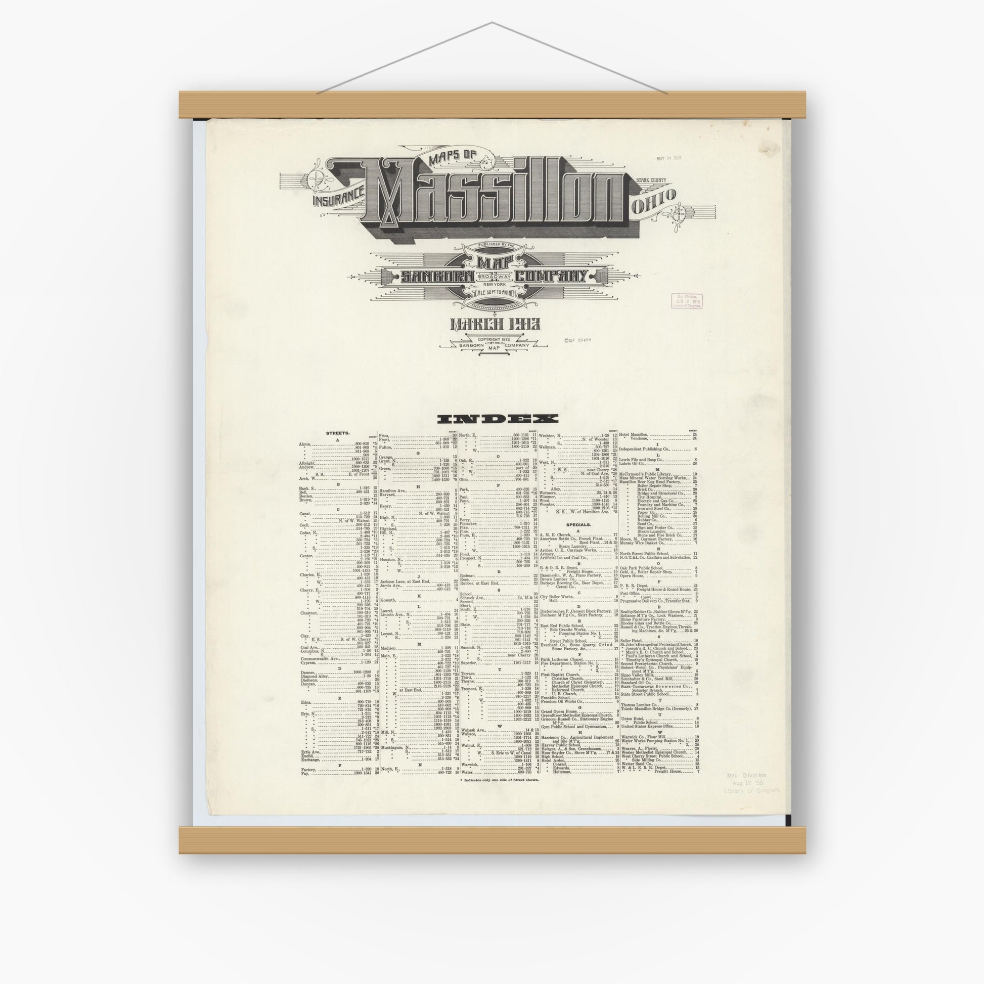 Old map wall art mockup — magnetic wood frame on white wall — Sanborn Fire Insurance Map from Massillon, Stark County, Ohio (1913), Sheet #0001
