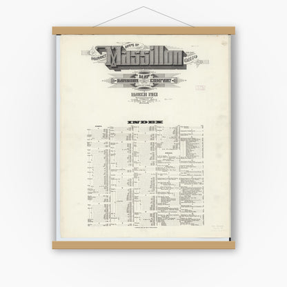 Old map wall art mockup — magnetic wood frame on white wall — Sanborn Fire Insurance Map from Massillon, Stark County, Ohio (1913), Sheet #0001