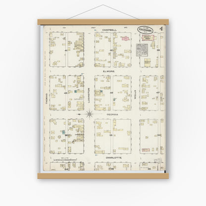 Old map wall art mockup — magnetic wood frame on white wall — Sanborn Fire Insurance Map from Escanaba, Delta County, Michigan (1884), Sheet #0004