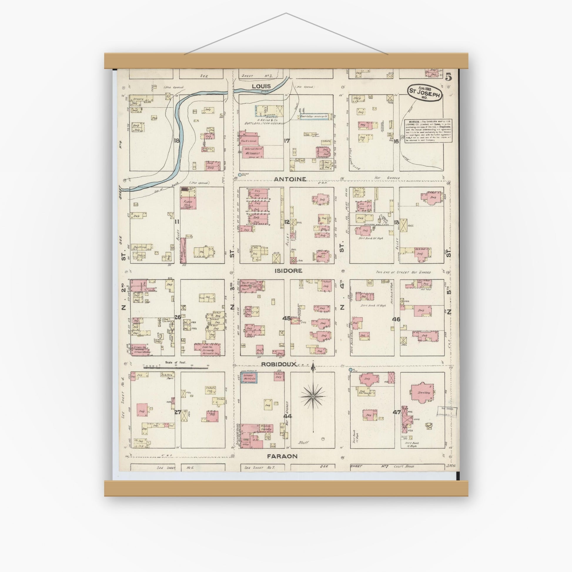 Old map wall art mockup — magnetic wood frame on white wall — Sanborn Fire Insurance Map from Saint Joseph, Buchanan County, Missouri (1883), Sheet #0005