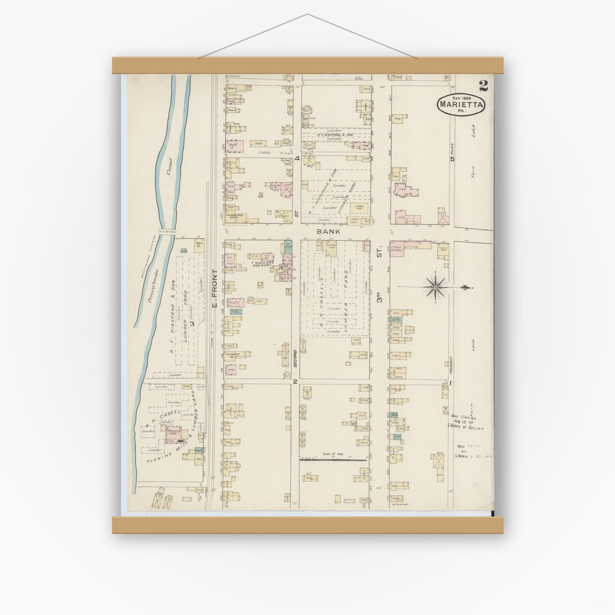 Old map wall art mockup — magnetic wood frame on white wall — Sanborn Fire Insurance Map from Marietta, Lancaster County, Pennsylvania (1886), Sheet #0002