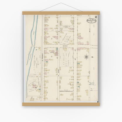 Old map wall art mockup — magnetic wood frame on white wall — Sanborn Fire Insurance Map from Marietta, Lancaster County, Pennsylvania (1886), Sheet #0002