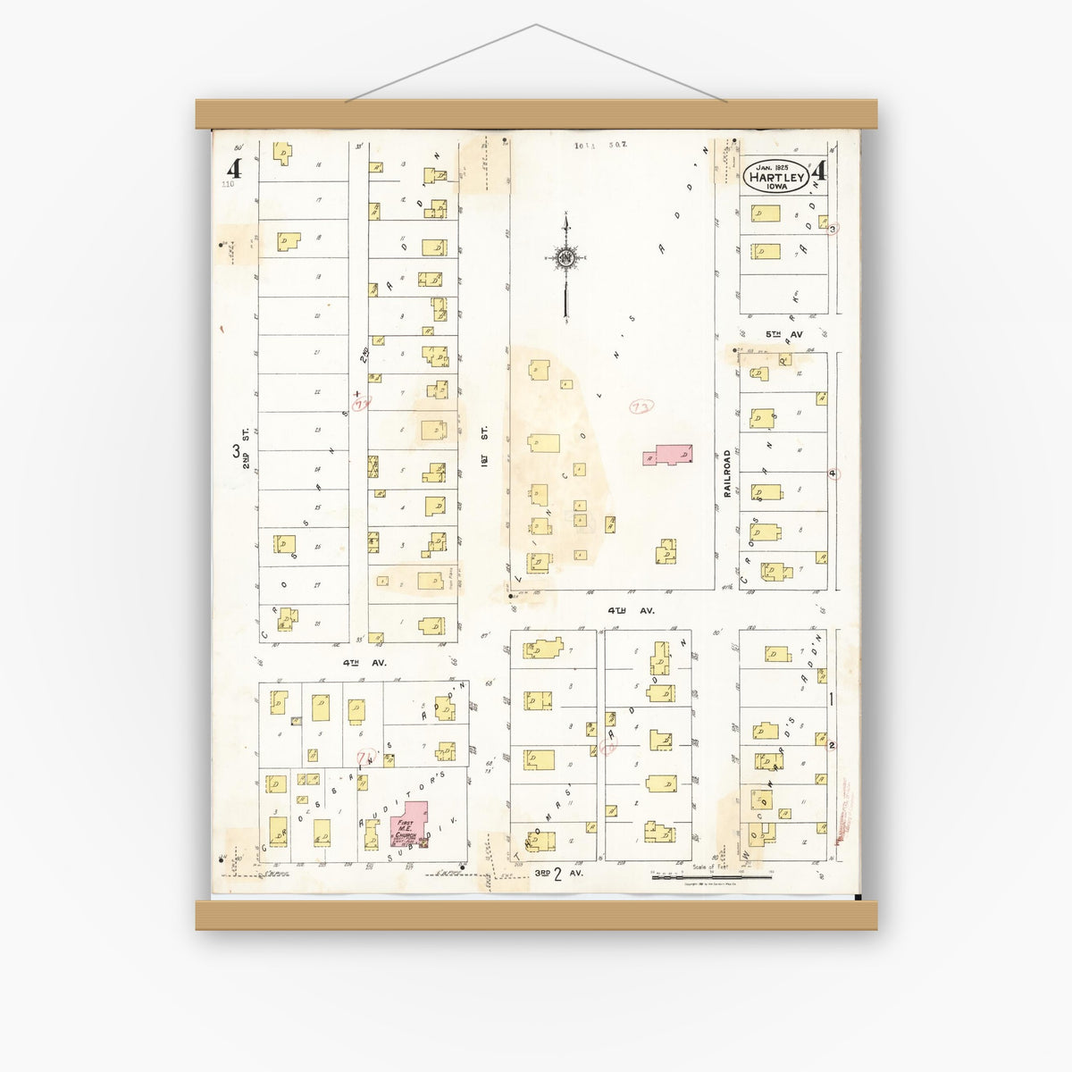 Old map wall art mockup — magnetic wood frame on white wall — Sanborn Fire Insurance Map from Hartley, O'Brien County, Iowa (1936), Sheet #0004