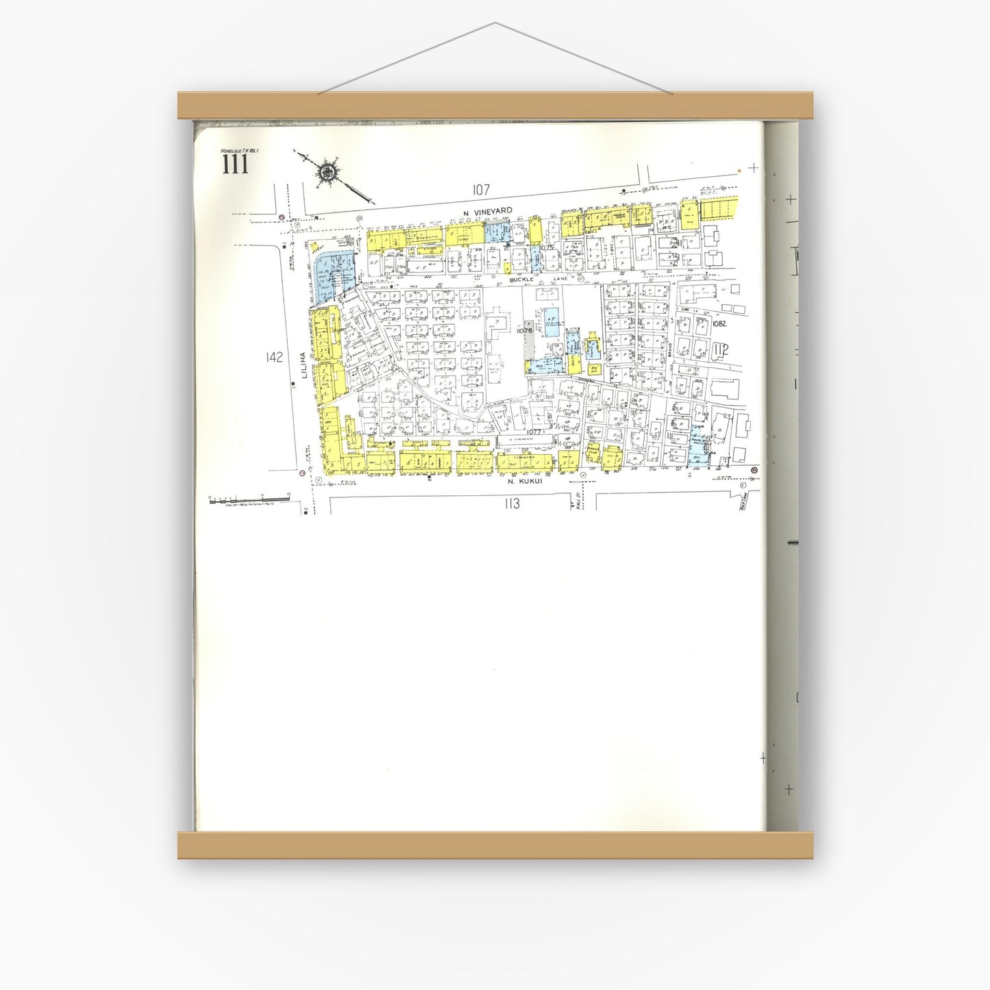 Old map wall art mockup — magnetic wood frame on white wall — Sanborn Fire Insurance Map from Honolulu, Oahu County, Hawaii (1955), Sheet #0111
