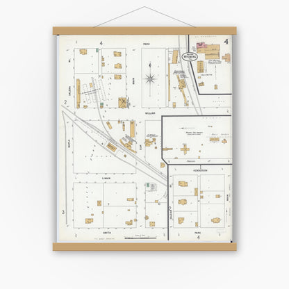 Old map wall art mockup — magnetic wood frame on white wall — Sanborn Fire Insurance Map from Wyoming, Stark County, Illinois (1899), Sheet #0004
