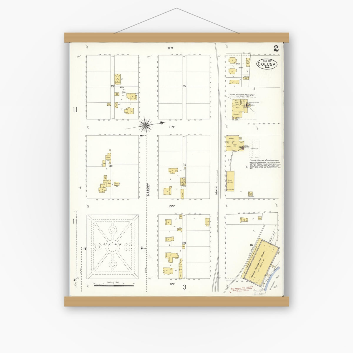 Old map wall art mockup — magnetic wood frame on white wall — Sanborn Fire Insurance Map from Colusa, Colusa County, California (1907), Sheet #0002