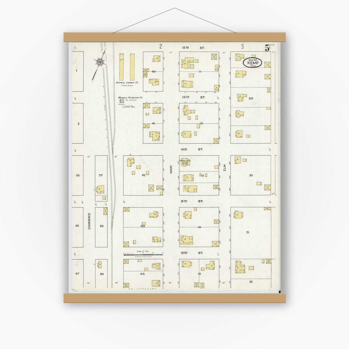 Old map wall art mockup — magnetic wood frame on white wall — Sanborn Fire Insurance Map from Kemp, Kaufman County, Texas (1921), Sheet #0005