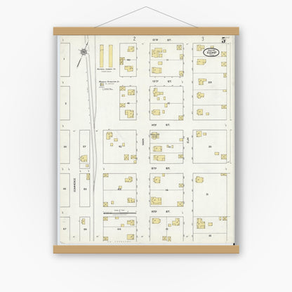 Old map wall art mockup — magnetic wood frame on white wall — Sanborn Fire Insurance Map from Kemp, Kaufman County, Texas (1921), Sheet #0005