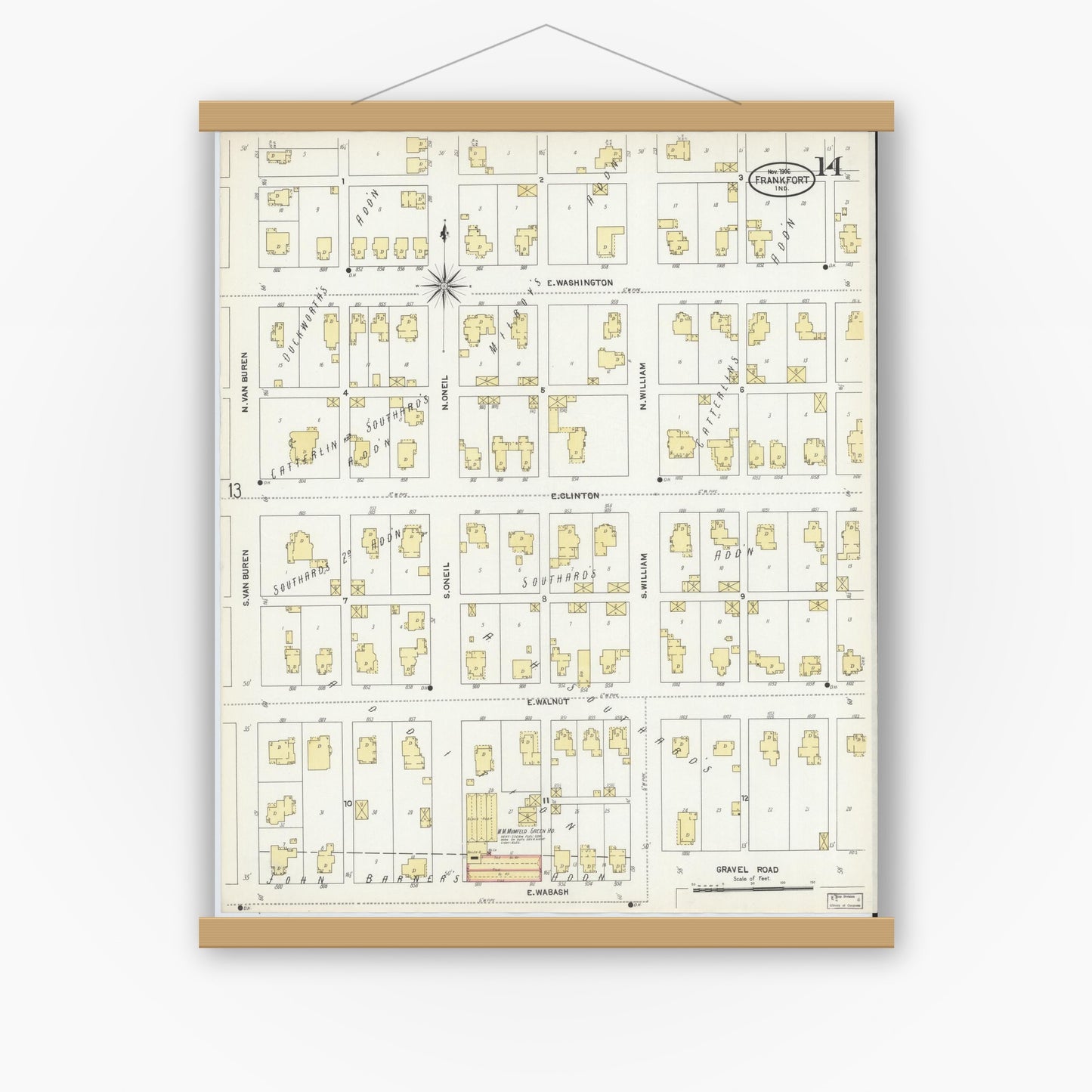 Old map wall art mockup — magnetic wood frame on white wall — Sanborn Fire Insurance Map from Frankfort, Clinton County, Indiana (1906), Sheet #0014