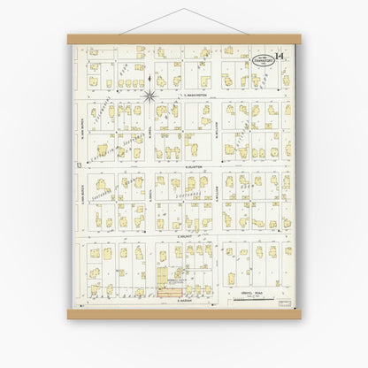 Old map wall art mockup — magnetic wood frame on white wall — Sanborn Fire Insurance Map from Frankfort, Clinton County, Indiana (1906), Sheet #0014