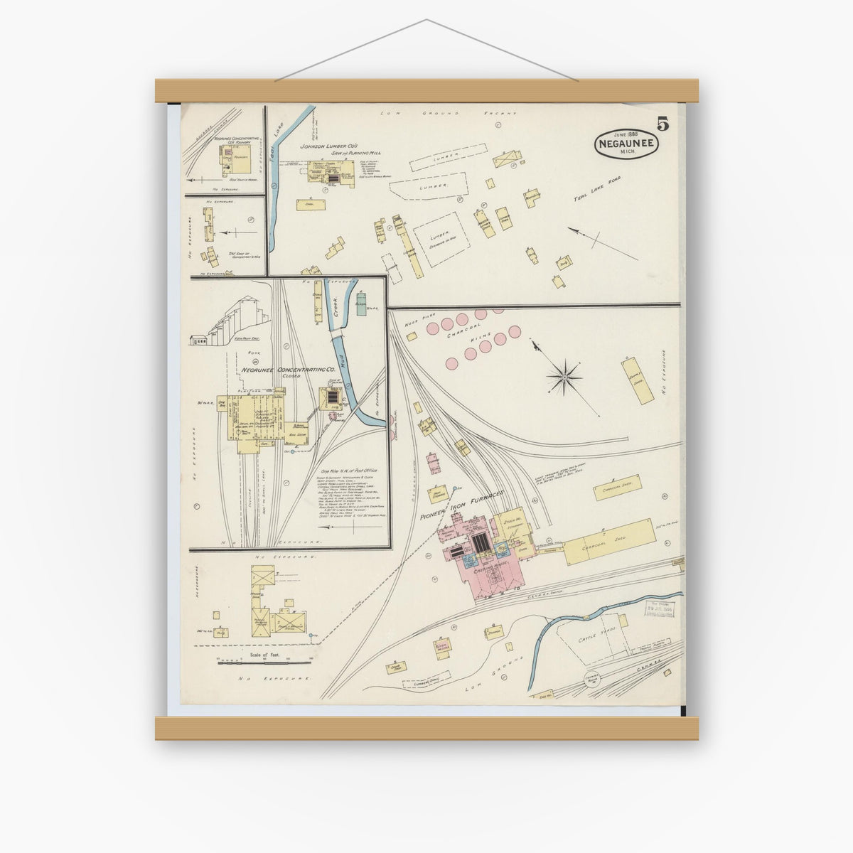 Old map wall art mockup — magnetic wood frame on white wall — Sanborn Fire Insurance Map from Negaunee, Marquette County, Michigan (1888), Sheet #0005