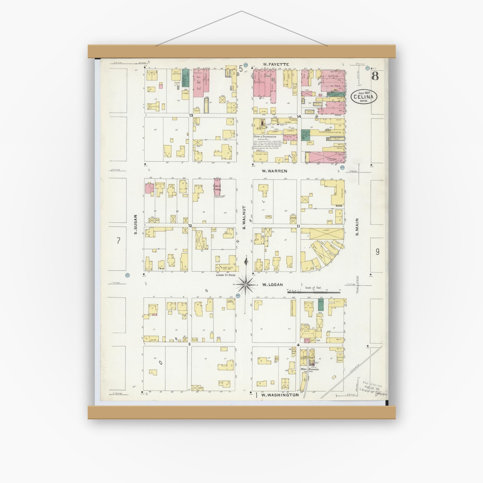 Old map wall art mockup — magnetic wood frame on white wall — Sanborn Fire Insurance Map from Celina, Mercer County, Ohio (1907), Sheet #0008