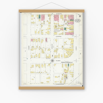 Old map wall art mockup — magnetic wood frame on white wall — Sanborn Fire Insurance Map from Celina, Mercer County, Ohio (1907), Sheet #0008
