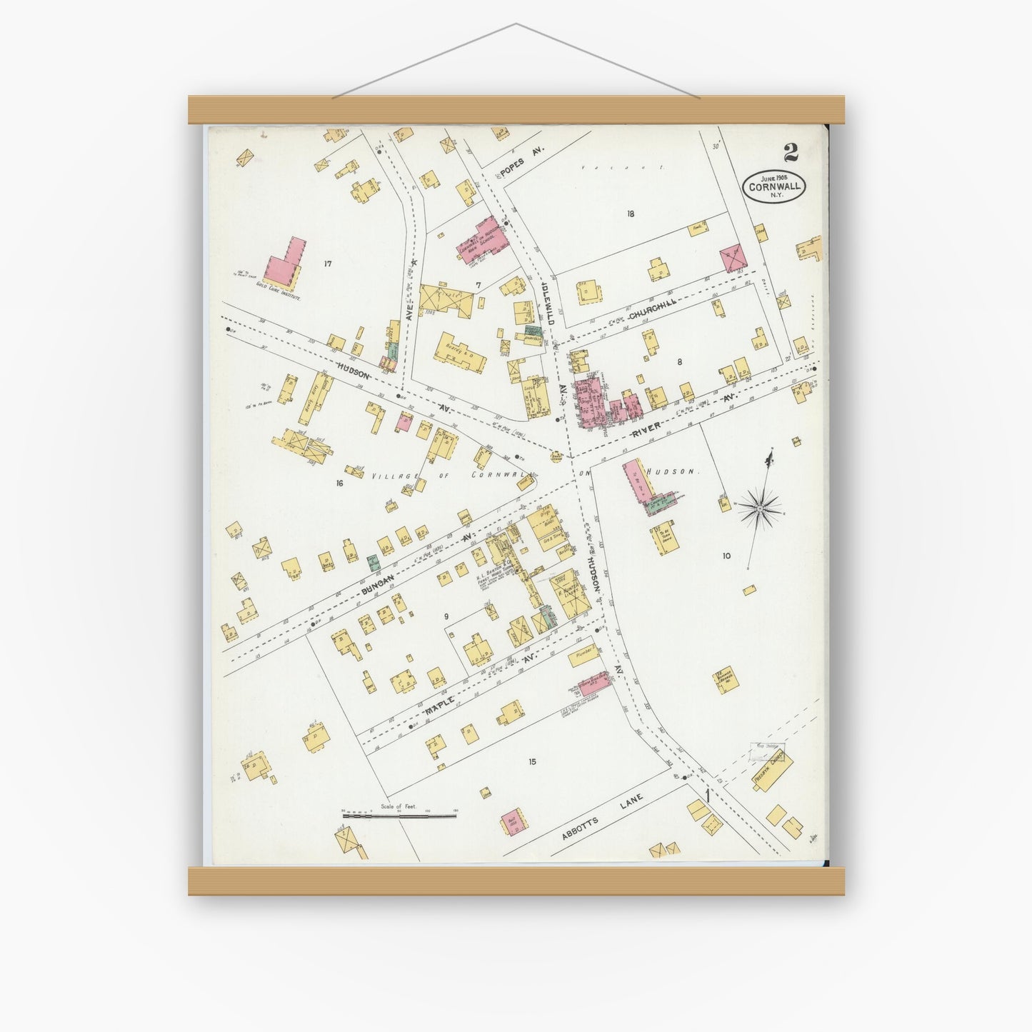 Old map wall art mockup — magnetic wood frame on white wall — Sanborn Fire Insurance Map from Cornwall, Orange County, New York (1905), Sheet #0002