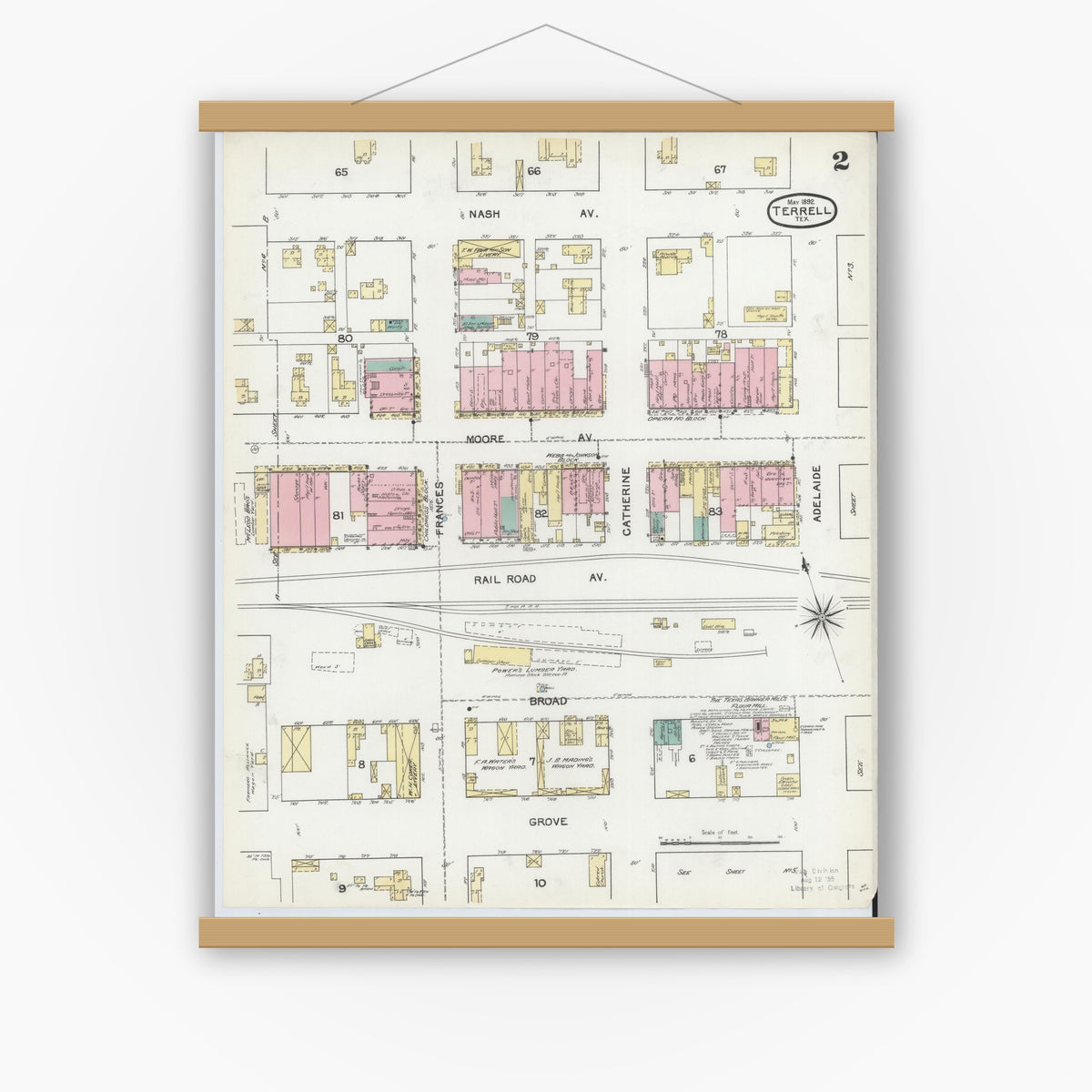 Old map wall art mockup — magnetic wood frame on white wall — Sanborn Fire Insurance Map from Terrell, Kaufman County, Texas (1892), Sheet #0002