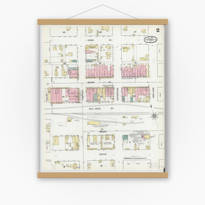 Old map wall art mockup — magnetic wood frame on white wall — Sanborn Fire Insurance Map from Terrell, Kaufman County, Texas (1892), Sheet #0002