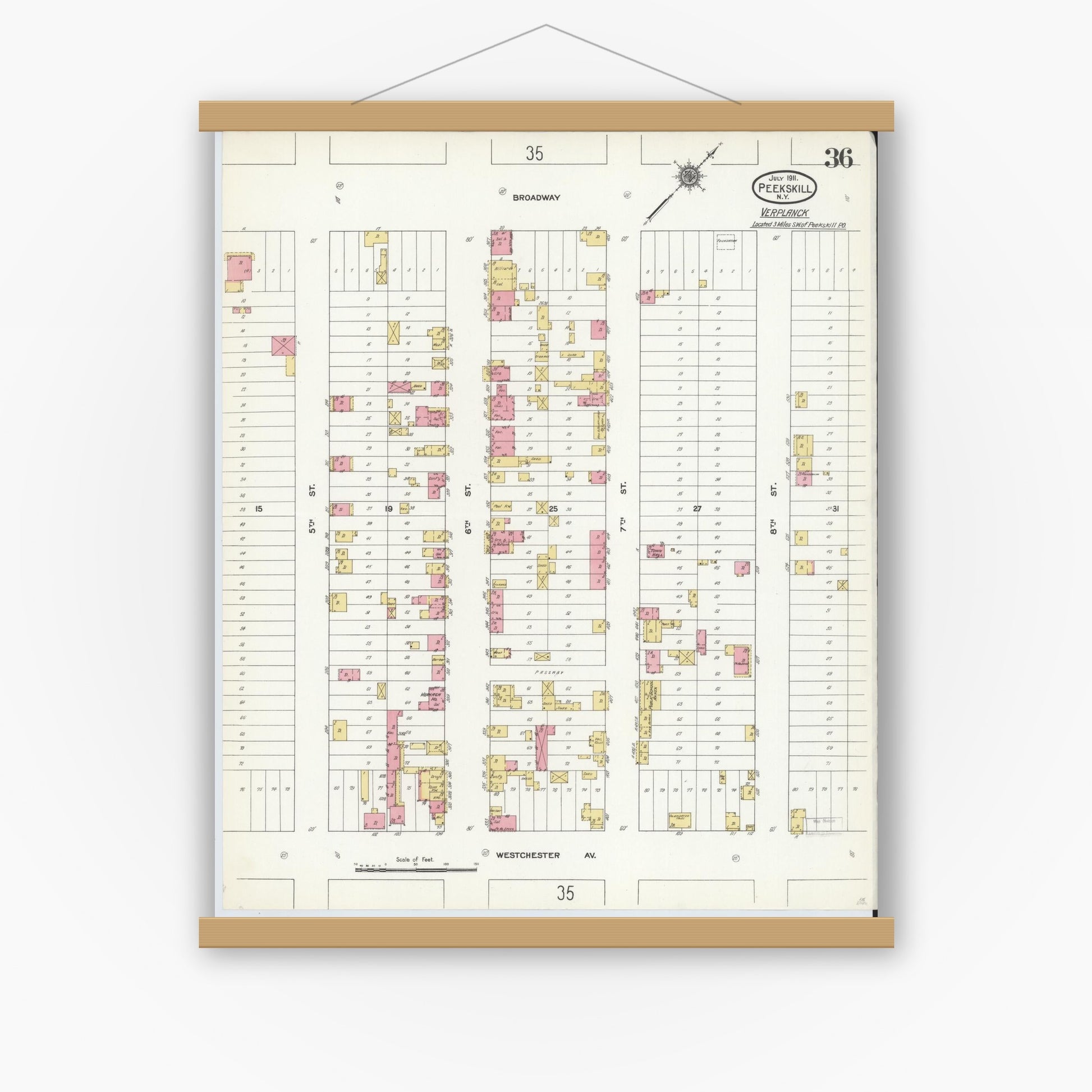 Old map wall art mockup — magnetic wood frame on white wall — Sanborn Fire Insurance Map from Peekskill, Westchester County, New York (1911), Sheet #0036