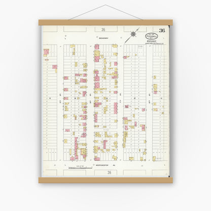 Old map wall art mockup — magnetic wood frame on white wall — Sanborn Fire Insurance Map from Peekskill, Westchester County, New York (1911), Sheet #0036