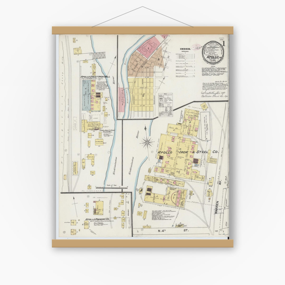 Old map wall art mockup — magnetic wood frame on white wall — Sanborn Fire Insurance Map from Apollo, Armstrong County, Pennsylvania (1889) - Complete Map Set
