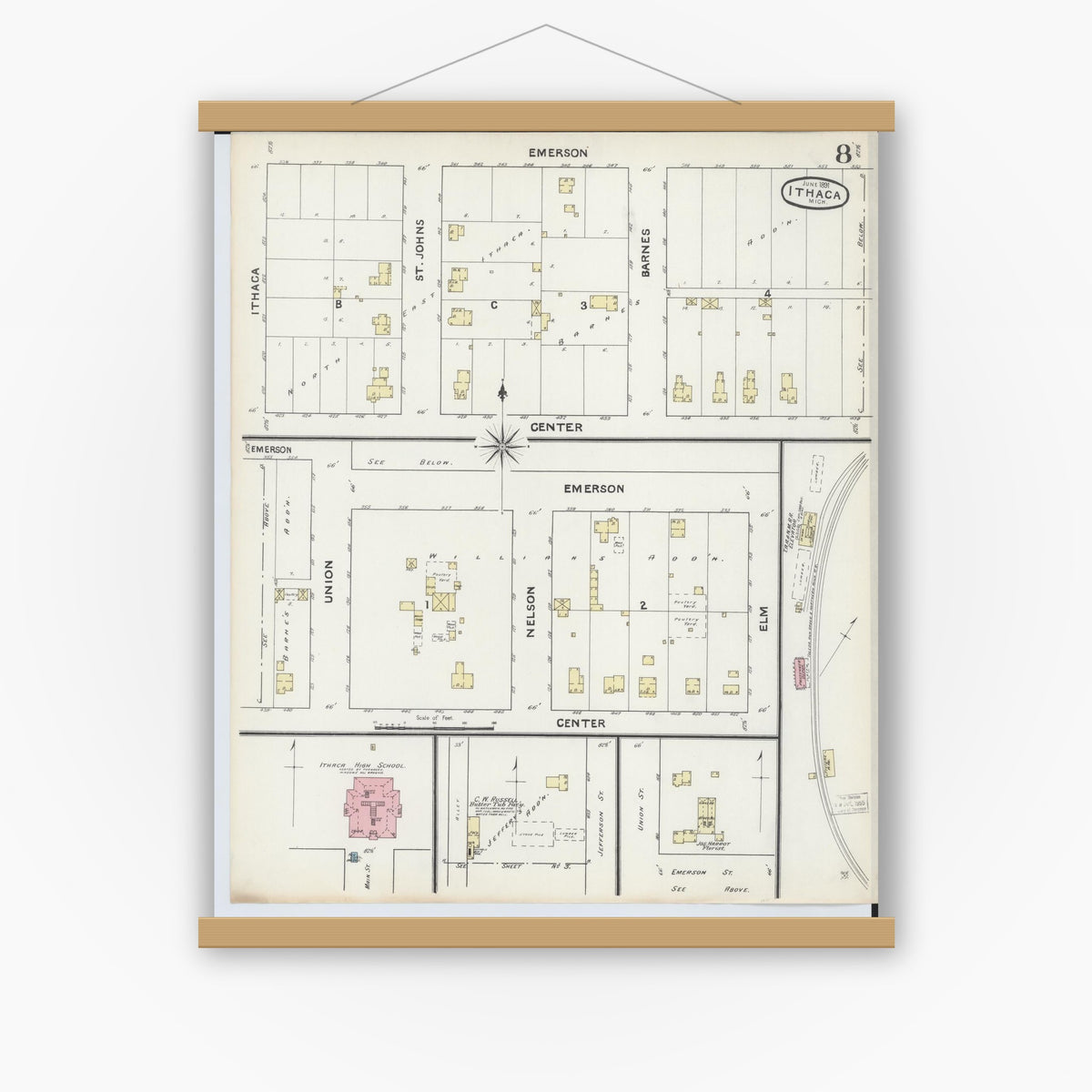 Old map wall art mockup — magnetic wood frame on white wall — Sanborn Fire Insurance Map from Ithaca, Gratiot County, Michigan (1891), Sheet #0008