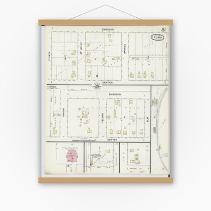 Old map wall art mockup — magnetic wood frame on white wall — Sanborn Fire Insurance Map from Ithaca, Gratiot County, Michigan (1891), Sheet #0008
