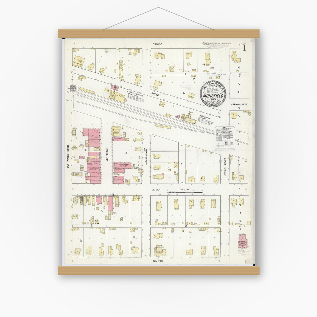 Old map wall art mockup — magnetic wood frame on white wall — Sanborn Fire Insurance Map from Mansfield, Piatt County, Illinois (1911), Sheet #0001