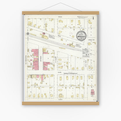 Old map wall art mockup — magnetic wood frame on white wall — Sanborn Fire Insurance Map from Mansfield, Piatt County, Illinois (1911), Sheet #0001
