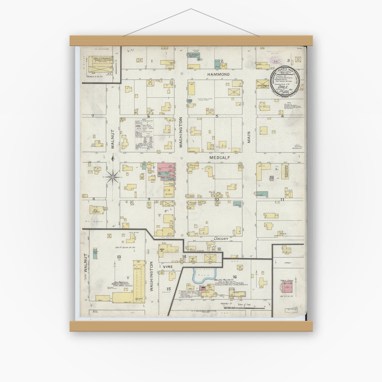 Old map wall art mockup — magnetic wood frame on white wall — Sanborn Fire Insurance Map from Dale, Spencer County, Indiana (1894), Sheet #0001