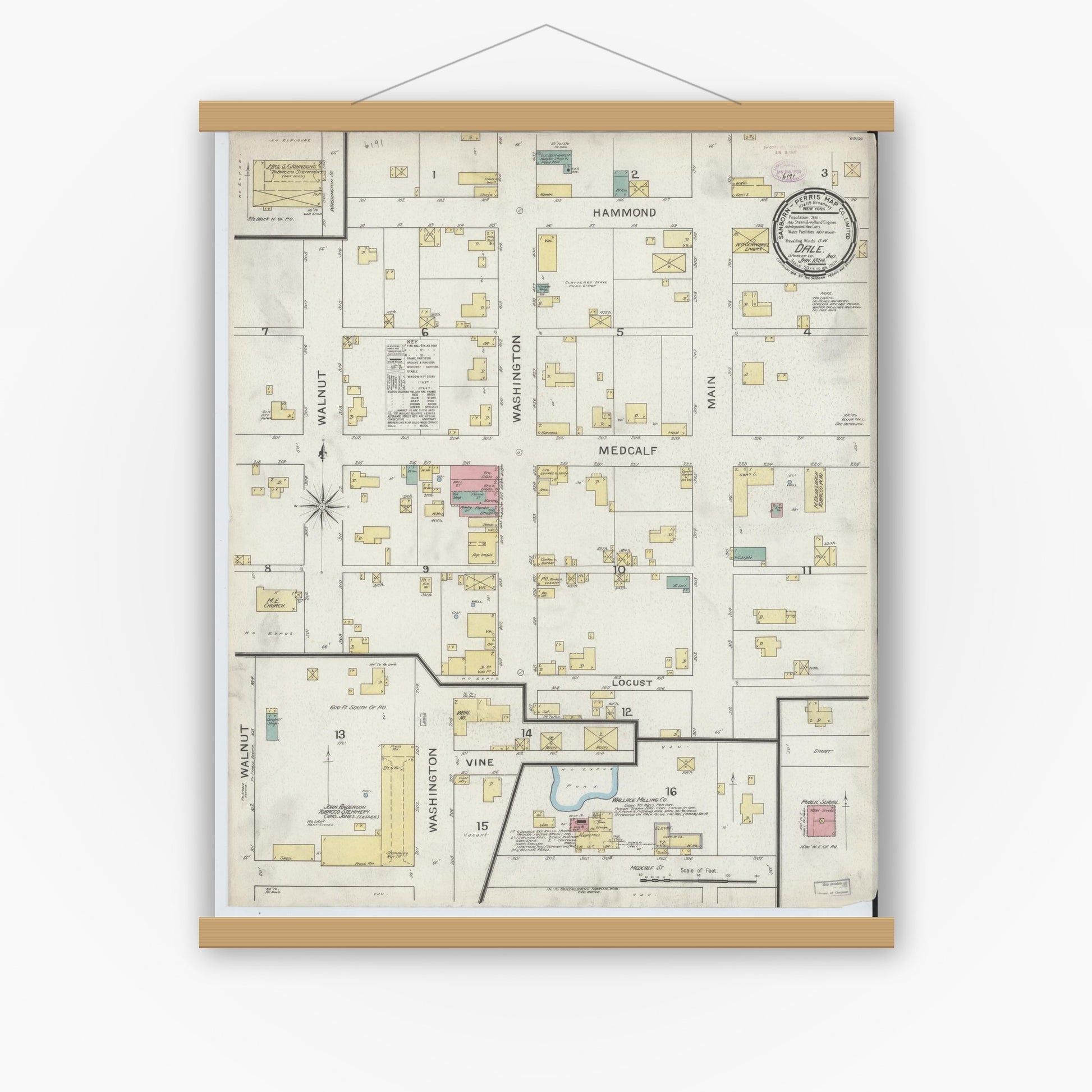 Old map wall art mockup — magnetic wood frame on white wall — Sanborn Fire Insurance Map from Dale, Spencer County, Indiana (1894), Sheet #0001
