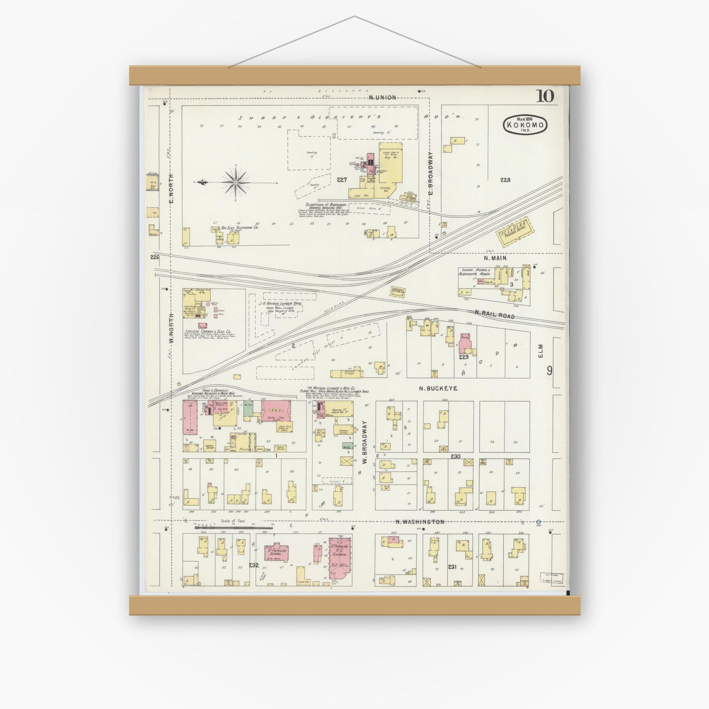 Old map wall art mockup — magnetic wood frame on white wall — Sanborn Fire Insurance Map from Kokomo, Howard County, Indiana (1896), Sheet #0010