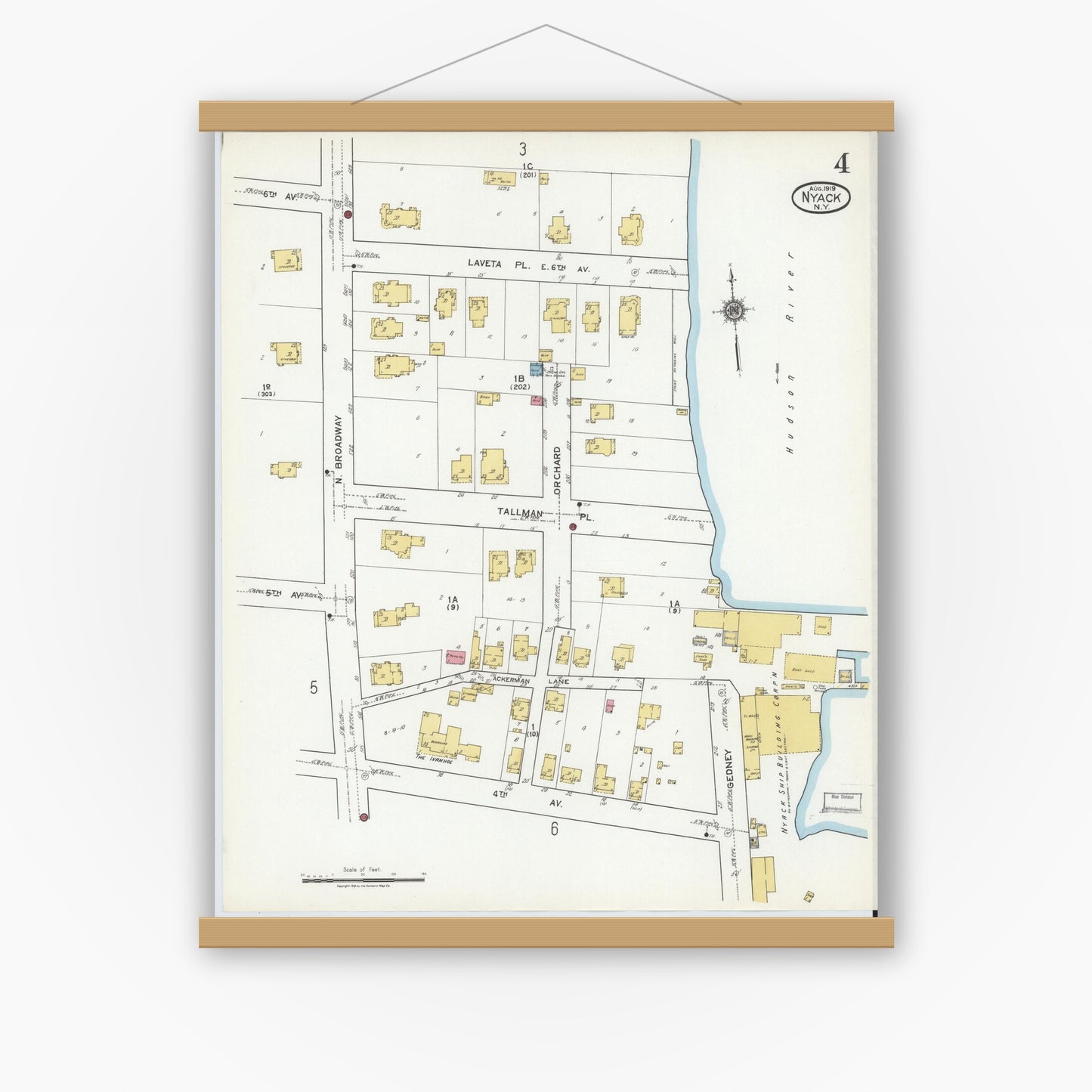 Old map wall art mockup — magnetic wood frame on white wall — Sanborn Fire Insurance Map from Nyack, Rockland County, New York. (1919), Sheet #0004